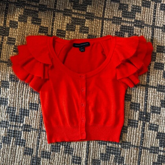 Orangey Cherry Red Cardigan Short Sleeve Ruffle Mohair - Picture 1 of 10